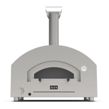 Silver outdoor pizza oven with 'ALFA' branding on a white background