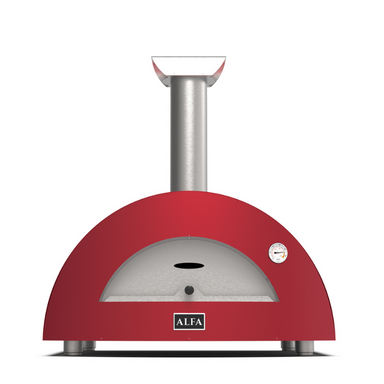 Alfa Forni Moderno Red pizza oven with a silver top on a white background, featuring the brand 'ALFA'.