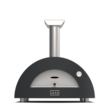 Alfa Forni Grey pizza oven with a metallic chimney on a white background