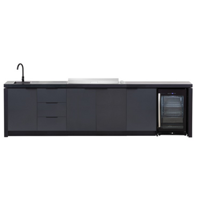 Cabinex Modern black kitchen island with sink and refrigerator on a white background