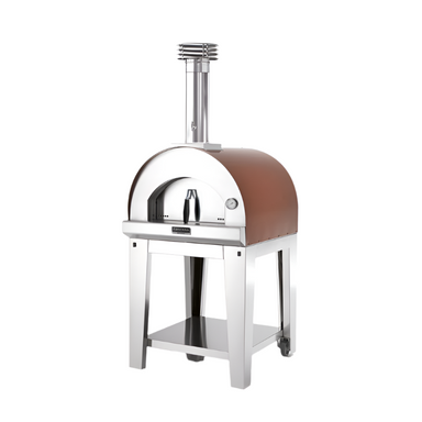 Front view of Fontana Margherita Wood Fired Pizza Oven in Rosso Including Trolley