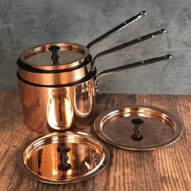 Front view of Netherton Foundry Tin Lined Copper Pan Set -  6, 7 and 8 inch Spun Saucepans with Lids