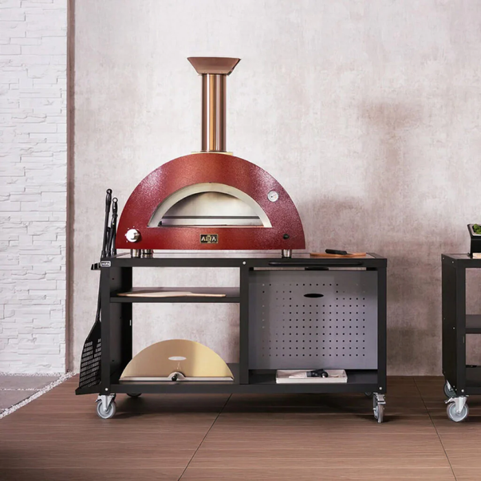 Alfa Forni Red Pizza Oven On Pizza Cart in Garden