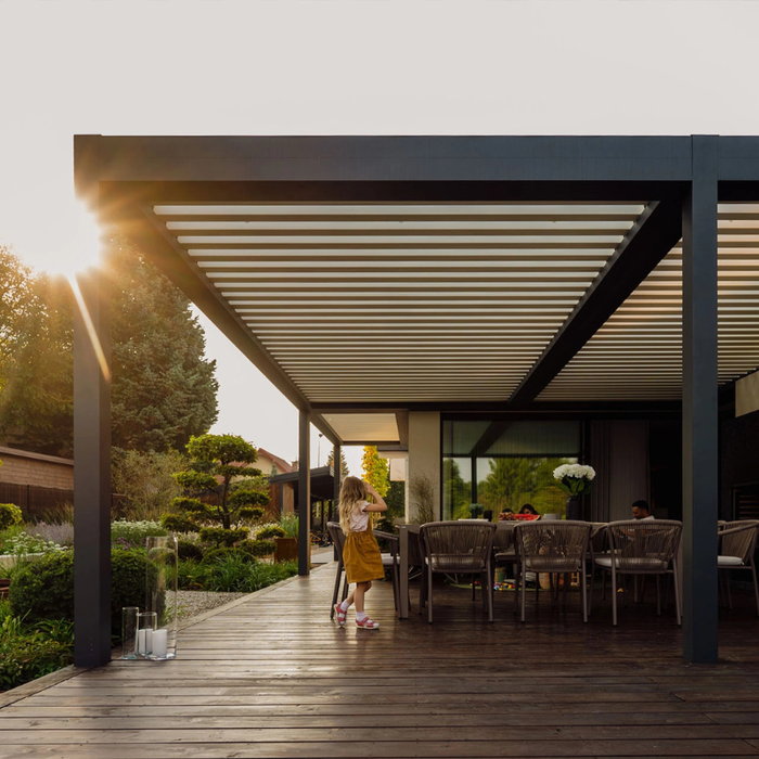 Pergola over outdoor kitchen on decking