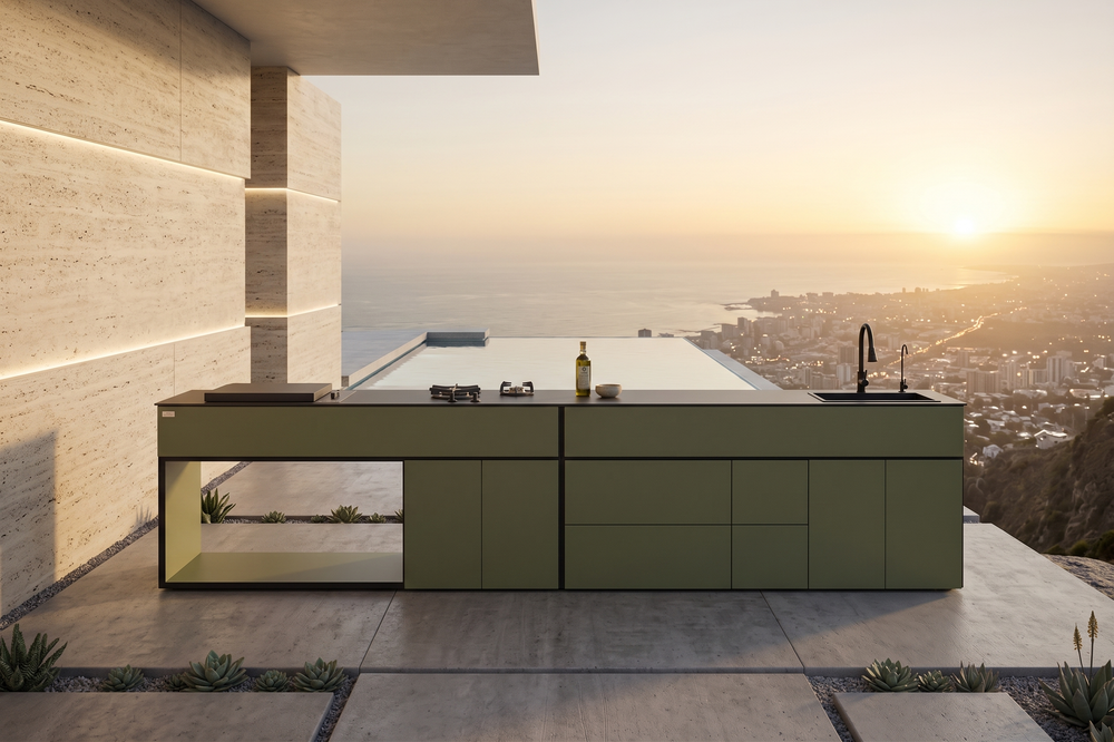 Grillionaire MOSS Grade 2 Aluminum Modular Outdoor Kitchen with Dekton Worktops, Sink, Side Burner and Fridge