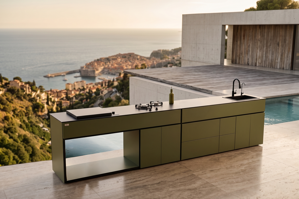 Grillionaire MOSS Grade 2 Aluminum Modular Outdoor Kitchen with Dekton Worktops, Sink, Side Burner and Fridge