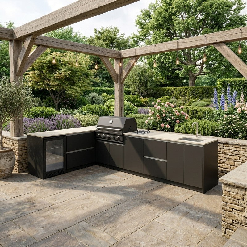 Fontana Ignes Stainless Steel Outdoor Kitchen with 5 Burner Grill, Hob, Sink, Fridge & Storage