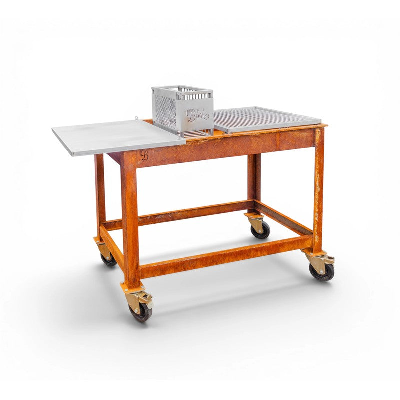Blok ENKAI Corten Steel Charcoal Table Grill with Stainless Half Top & Round Bar Grill Top