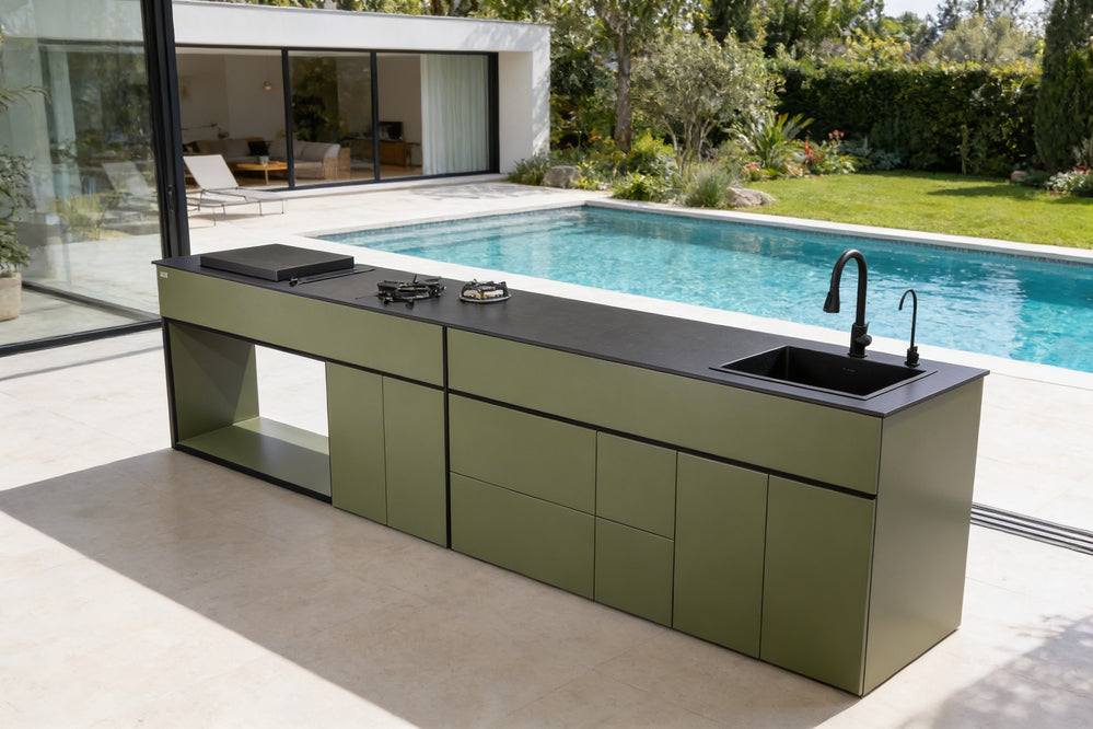 Grillionaire MOSS Grade 2 Aluminum Modular Outdoor Kitchen with Dekton Worktops, Sink, Side Burner and Fridge