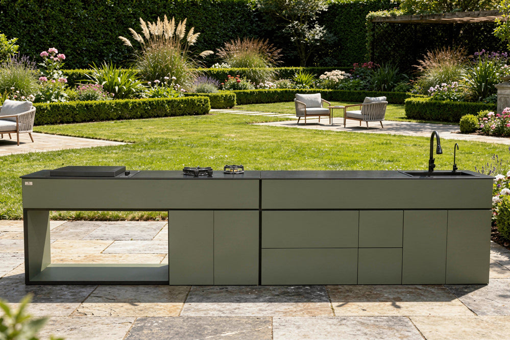Grillionaire MOSS Grade 2 Aluminum Modular Outdoor Kitchen with Dekton Worktops, Sink, Side Burner and Fridge