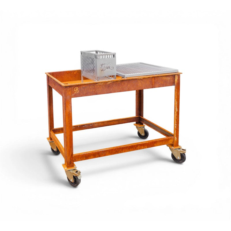 Blok ENKAI Corten Steel Charcoal Table Grill with Stainless Half Top & Round Bar Grill Top