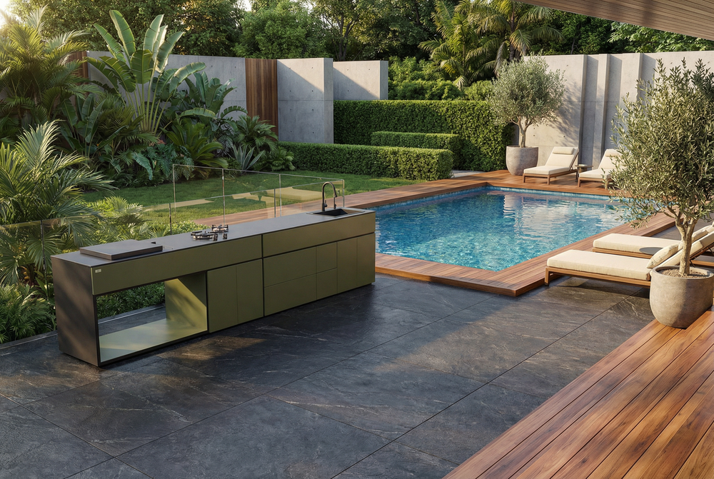Grillionaire MOSS Grade 2 Aluminum Modular Outdoor Kitchen with Dekton Worktops, Sink, Side Burner and Fridge