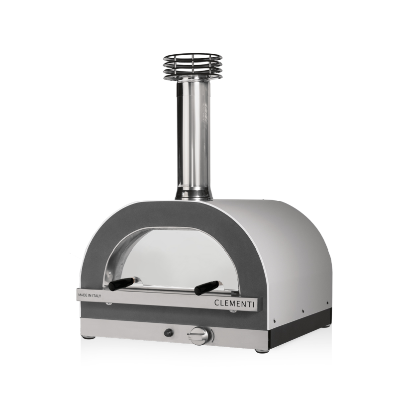 Front view of stainless steel Clementi Crosti gas fired pizza oven