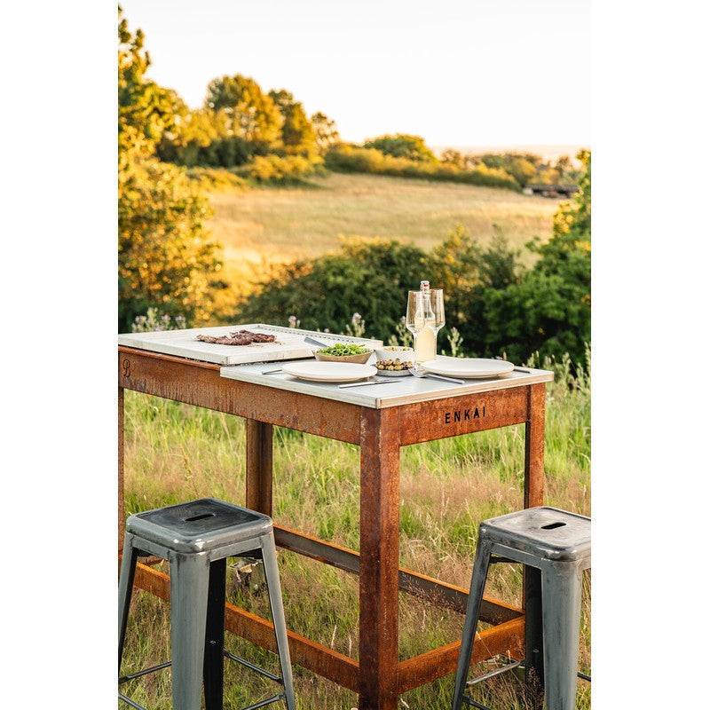 Blok ENKAI Corten Steel Charcoal Table Grill with Stainless Half Top & Round Bar Grill Top