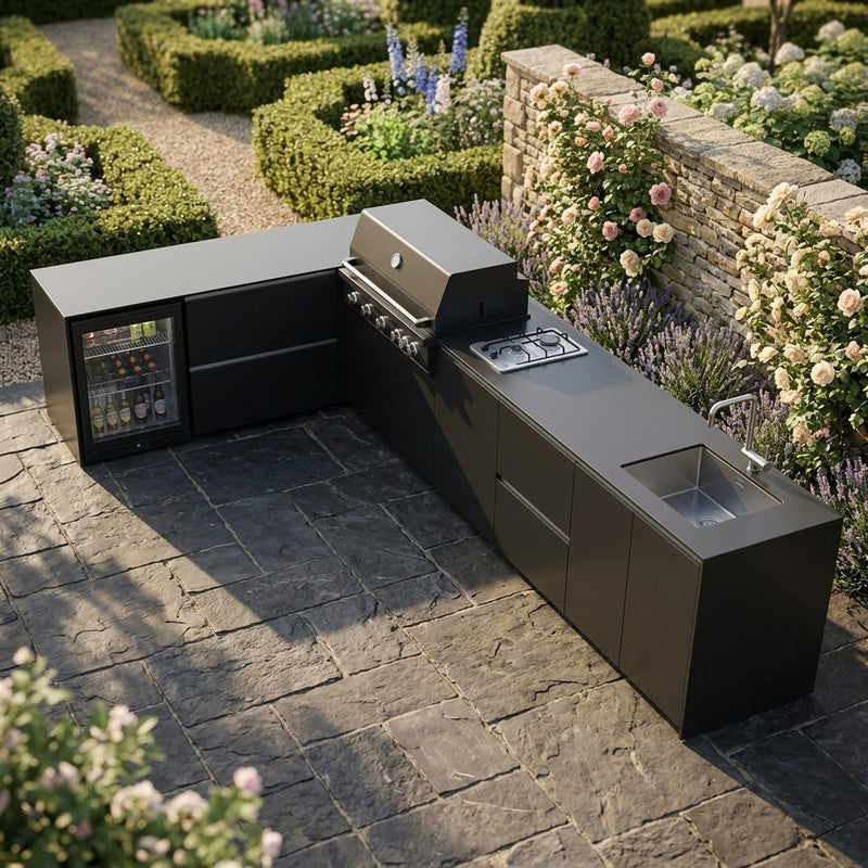 Fontana Ignes Stainless Steel Outdoor Kitchen with 5 Burner Grill, Hob, Sink, Fridge & Storage