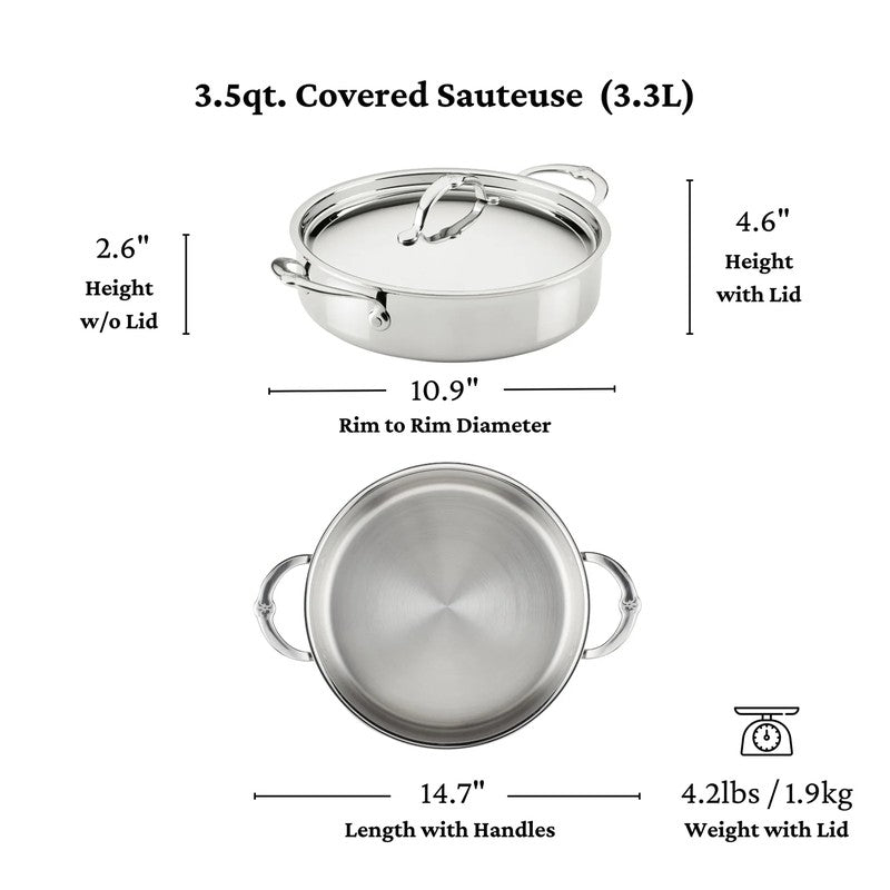 Hestan ProBond Luxe Stainless Steel Sauteuse Pan with Lid, Mirror-Polished
