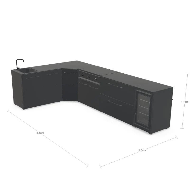 Cozze Elements Modular Outdoor Kitchen L-Shape with Grill, Storage, Fridge & Sink, Matte-Black