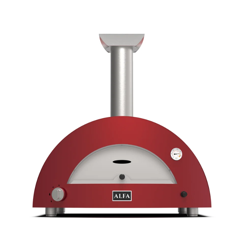 Red pizza oven with a silver top on a white background, featuring the brand 'Alfa'.