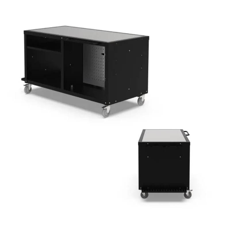 Two black metal Pizza carts with wheels on a white background for Alfa Forni Pizza Oven