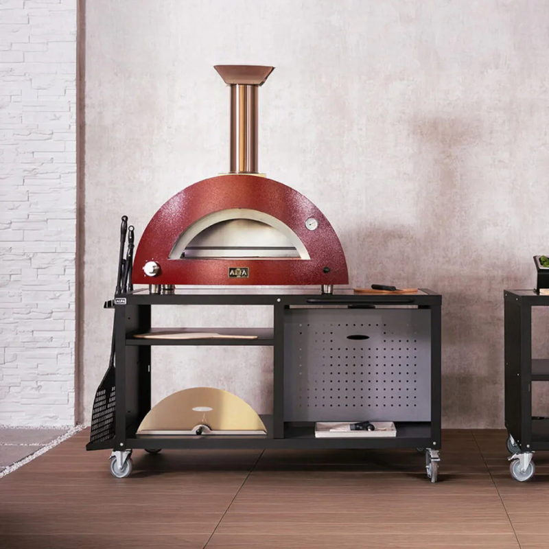 Alfa Forni Wood-fired pizza oven on wheels with a brick wall background