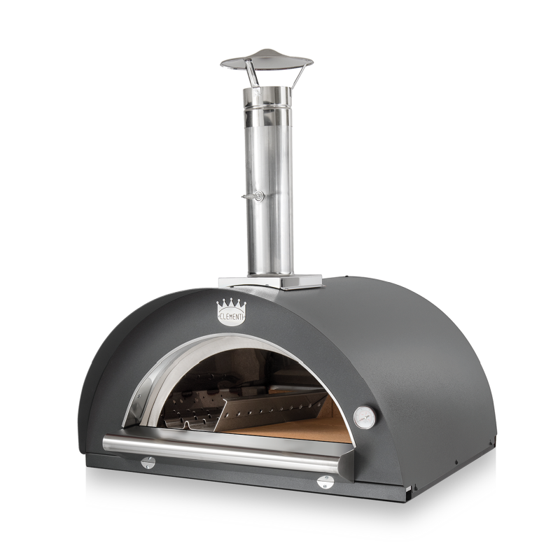Clementi Original wood fired pizza oven in anthracite door open