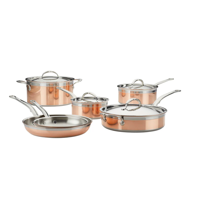 Close up of Hestan CopperBond Induction Copper Skillets, Saucepans & Lids, Sauté Pan & Stock Pot Set: 10 Piece