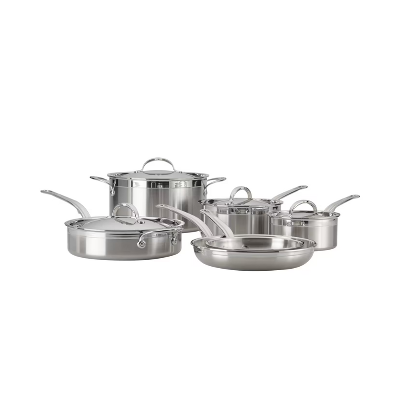 Close up of Hestan ProBond Induction Stainless Steel Pan Set: 10 Piece hanging in kitchen on white background