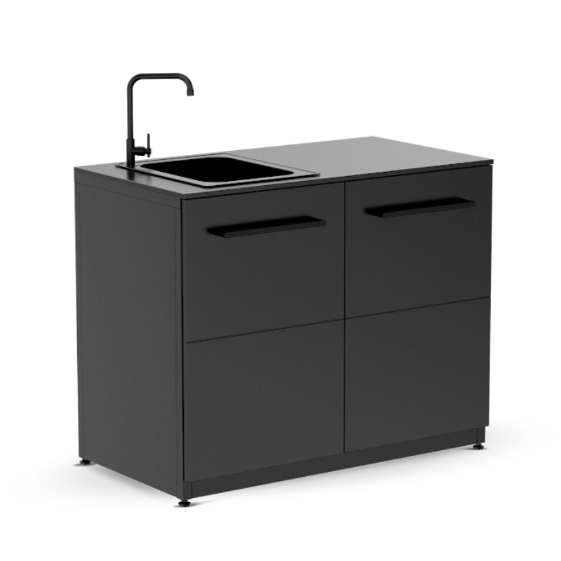 Black kitchen cabinet with sink on a white background