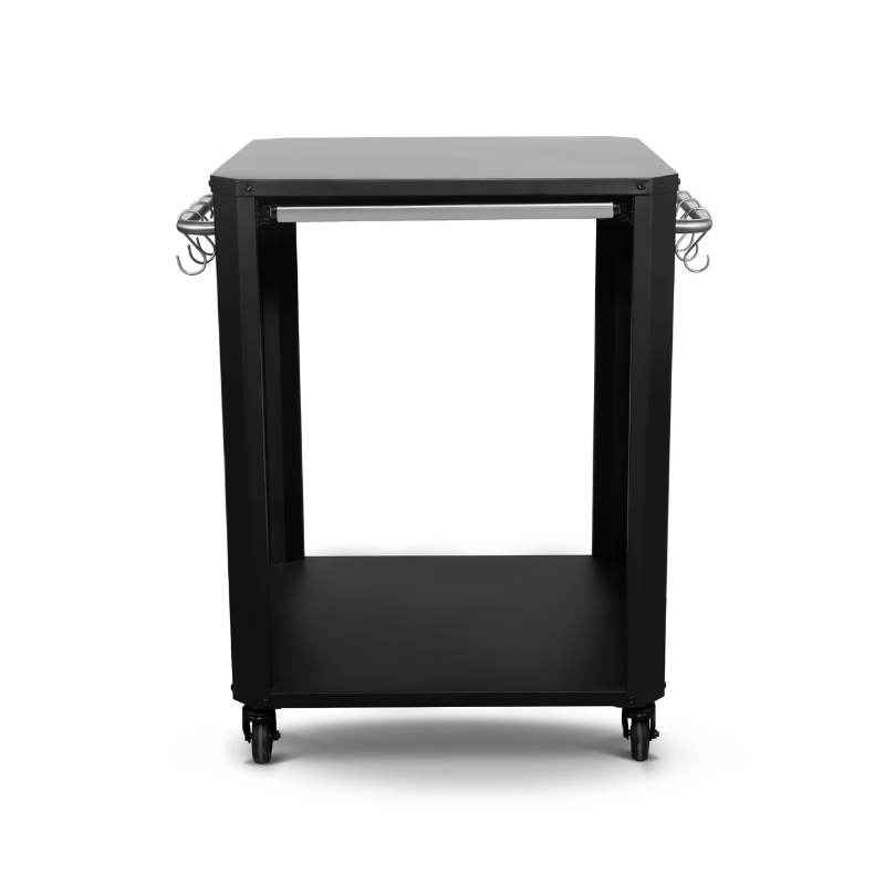 Black kitchen cart with glass top on a white background