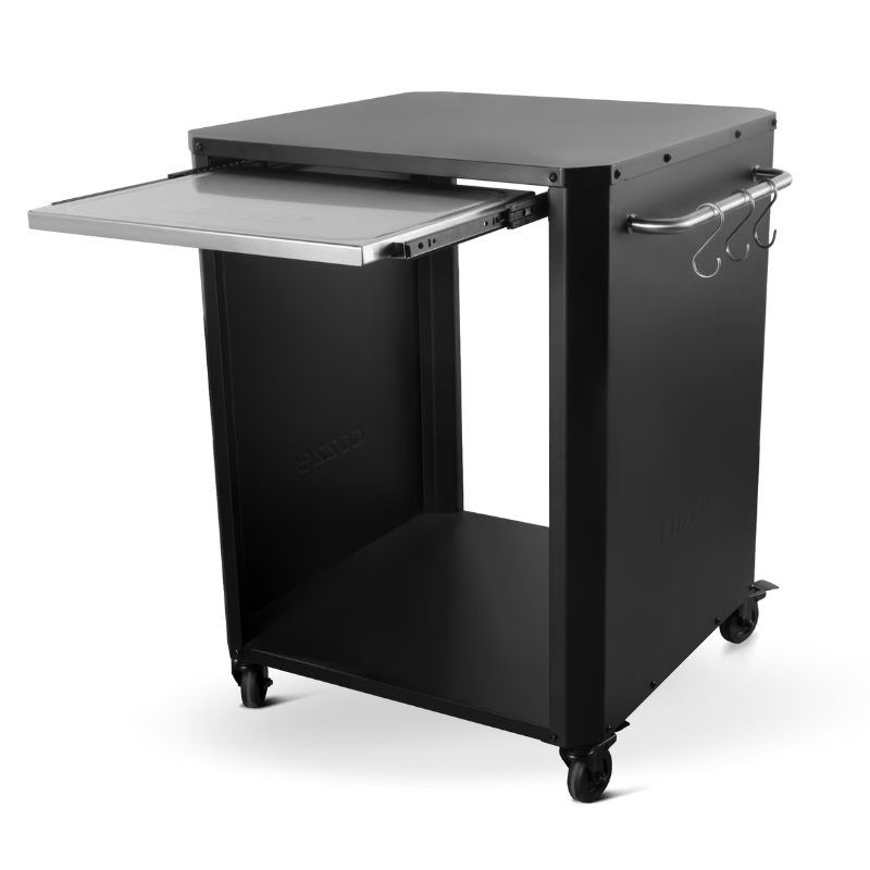 Black rolling cart with a folding metal table on a white background