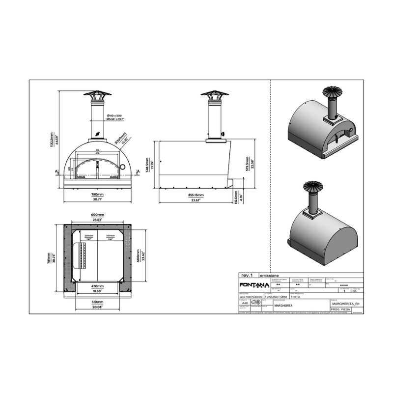 Dimensions of Fontana Margherita Rosso Build In Wood Pizza Oven in rosso