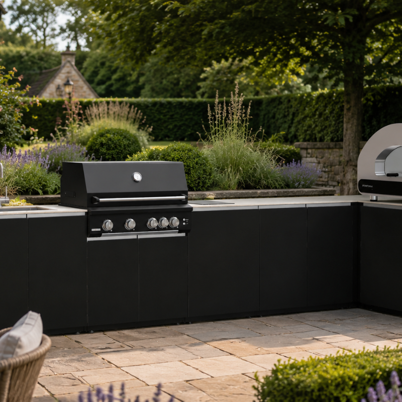 Fontana Ignes L-Shaped Outdoor Kitchen with Volta 90 Pizza Oven, 4 Burner BBQ, Induction Hob, Sink & Storage