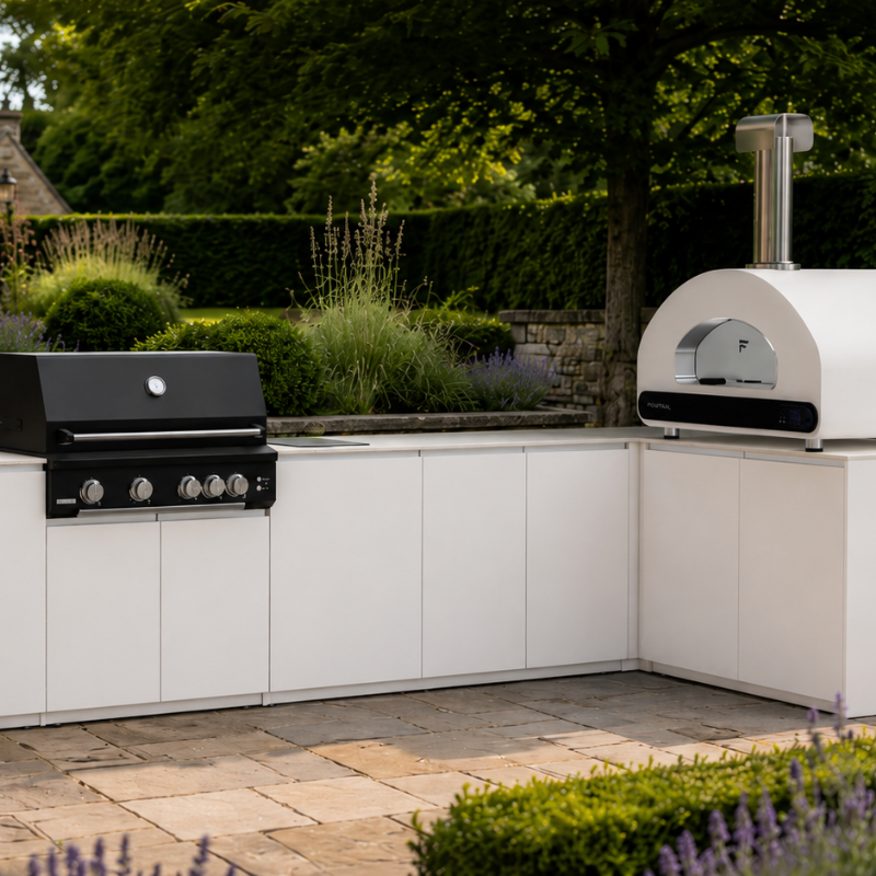 Fontana Ignes L-Shaped Outdoor Kitchen with Volta 90 Pizza Oven, 4 Burner BBQ, Induction Hob, Sink & Storage