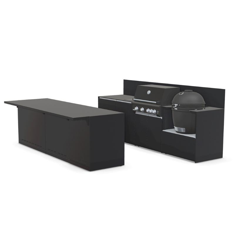 Fontana Ignes Outdoor Kitchen in Black with Bar, 4 Burner BBQ, Kamado, Induction Hob, Fridge & Premium Storage