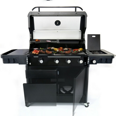 Food cooking on Halmo 5 Burner Premium Gas Barbecue Including Side Burner