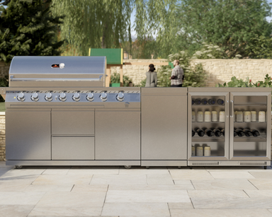 Front view Whistler Cirencester Outdoor Kitchen 6 Burner BBQ, and Fridge Blockley