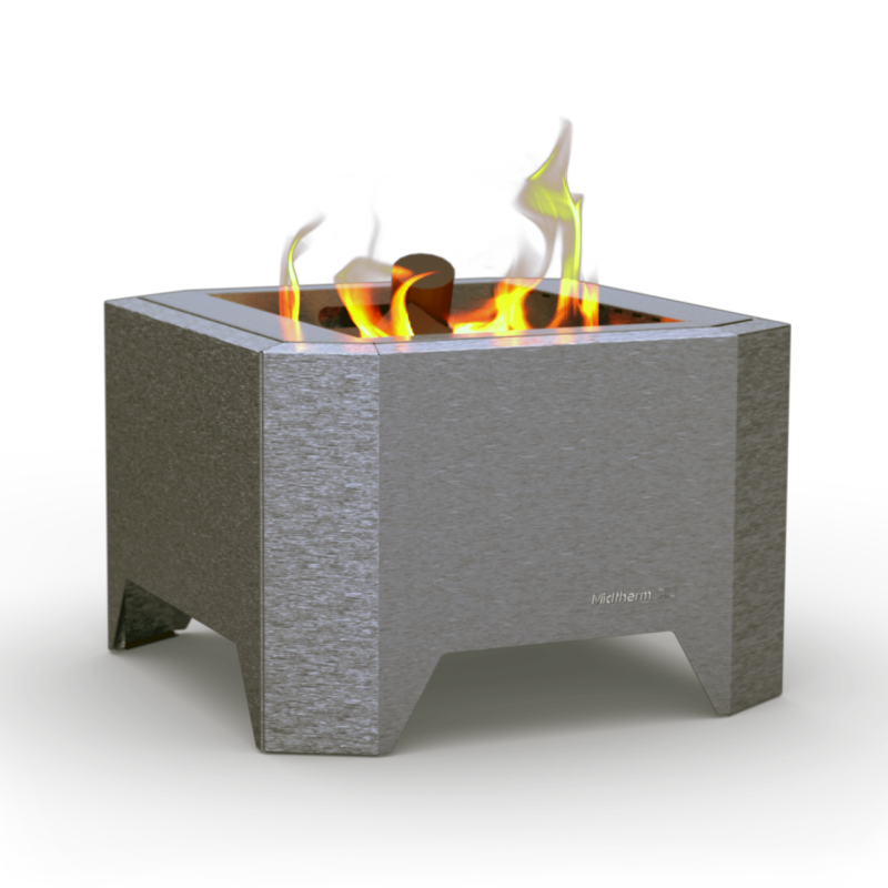 Front view and lifestyle shot of Midtherm Stainless Steel Fire Pit