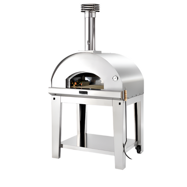 Front view of Fontana Mangiafuoco Wood Fired Pizza Oven In Stainless Steel Including Trolley