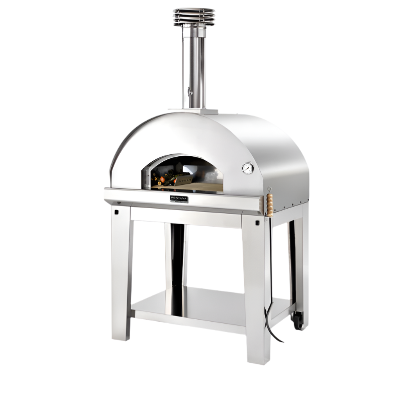 Front view of Fontana Mangiafuoco Wood Fired Pizza Oven In Stainless Steel Including Trolley