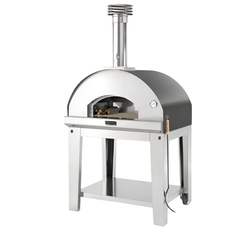 Front view of Fontana Mangiafuoco Wood Fired Pizza Oven in Anthracite Including Trolley