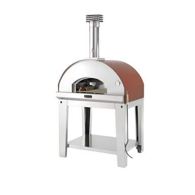 Front view of Fontana Mangiafuoco Wood Pizza Oven In Rosso Including Trolley