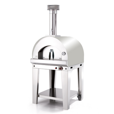 Front view of Fontana Margherita Duel Fuel Pizza Oven in Stainless Steel Including Trolley