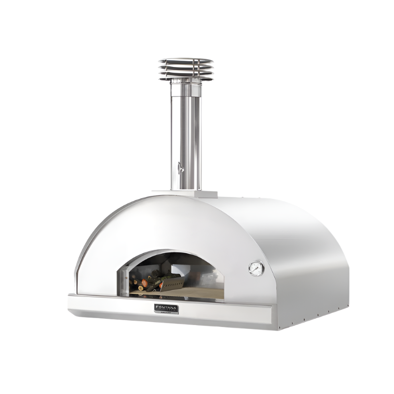 Front view of Fontana Marinara Stainless steel Build In Wood Pizza Oven on white background