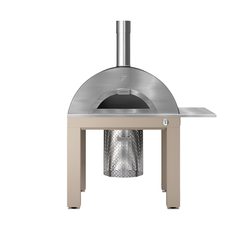 Front view of Fontana Riviera Wood Pizza Oven in Stainless Steel Including Trolley