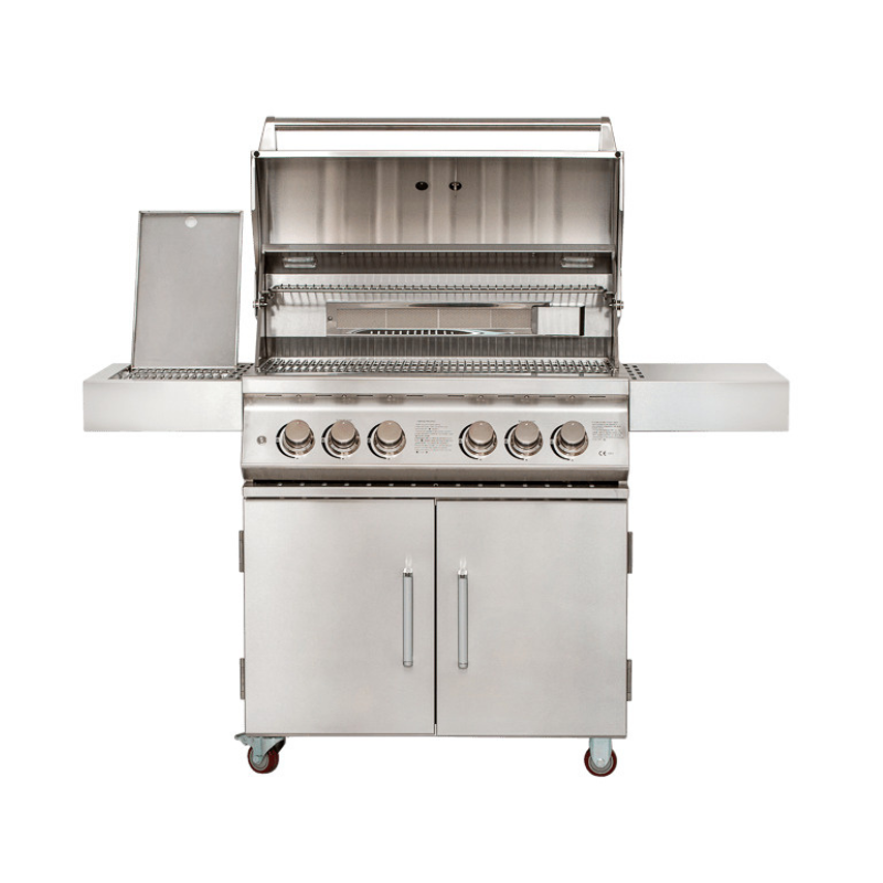 Front view of Grill top open on Whistler Bibury 4 + Side burner Gas BBQ on white background