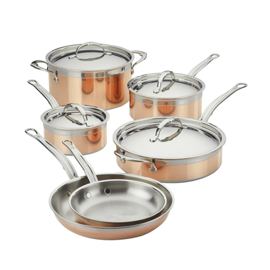 Front view of Hestan CopperBond Induction Copper Skillets, Saucepans & Lids, Sauté Pan & Stock Pot Set: 10 Piece