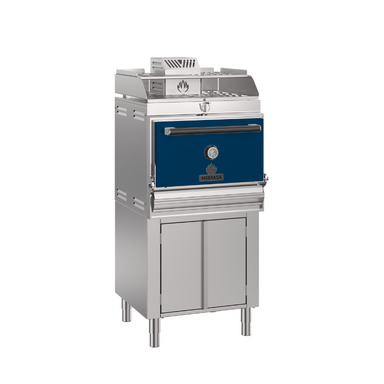 Front view of Mibrasa Charcoal Oven With Cupboard Below and Heating Rack in blue