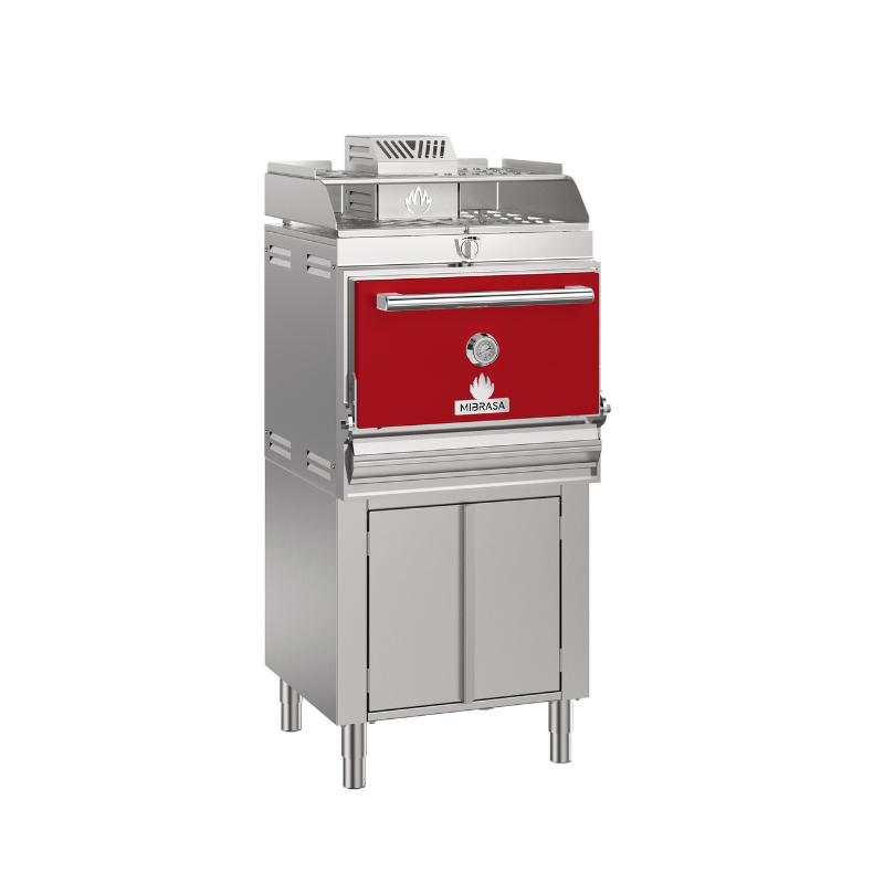 Front view of Mibrasa Charcoal Oven With Cupboard Below and Heating Rack in red