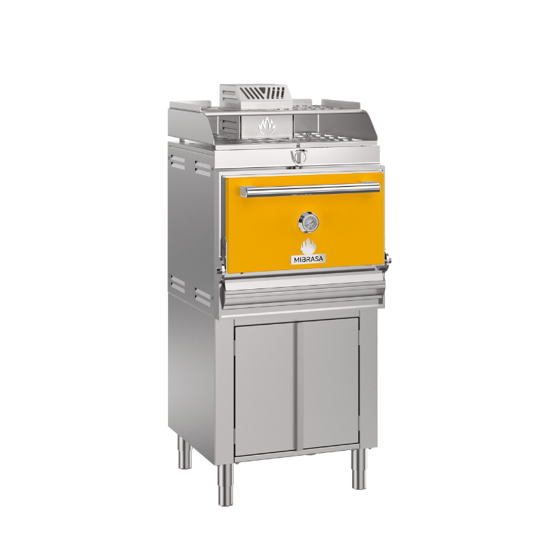 Front view of Mibrasa Charcoal Oven With Cupboard Below and Heating Rack in yellow