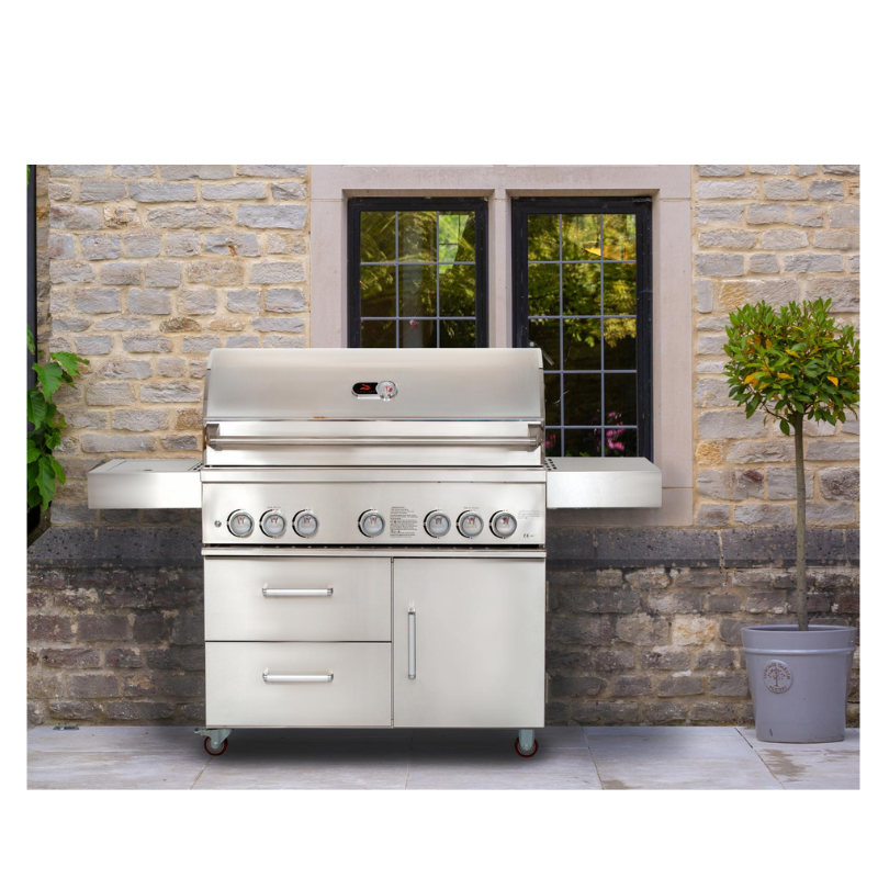 Front view of Whistler Bibury 5 + Side burner Gas BBQ against front of house